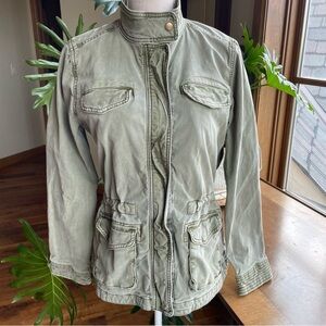 Lucky Brand Army Green Stand Collar Utility Chore Jacket with Fading Distressing